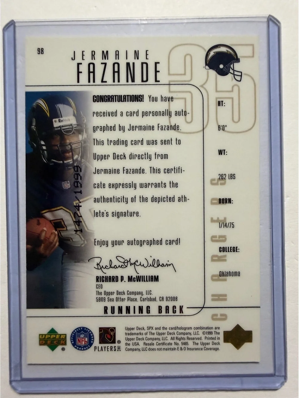 1999 Upper Deck SPx Jermaine Fazande Autographed Football Card #98